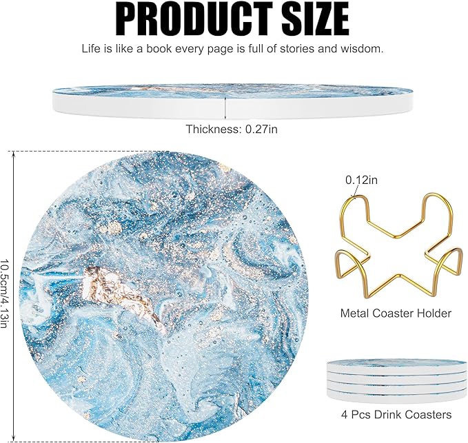 Coasters for Drinks Set of 4, Absorbent Starry Sky Marble with Metal Golden Holder, Ceramic Coaster Set Cup Mat for Home Decor, Bar, Kitchen, Party