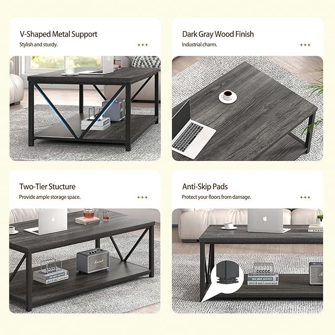 FOLUBAN Industrial Coffee Table with Storage Shelf, Modern Rustic Wooden and Metal Rectangle Center Table for Living Room, Dark Gray, 47 Inch