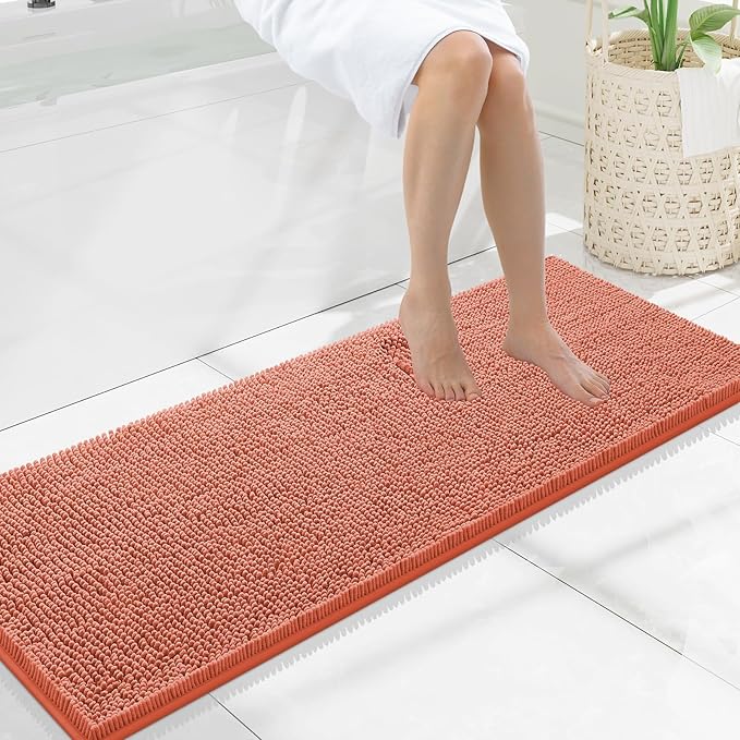 Smiry Luxury Chenille Bathroom Rugs 47x17, Extra Soft and Absorbent Shaggy Bath Mat, Machine Washable, Non-Slip Plush Carpet Runner for Tub, Shower, and Floor, Home Decor Accessories, Coral