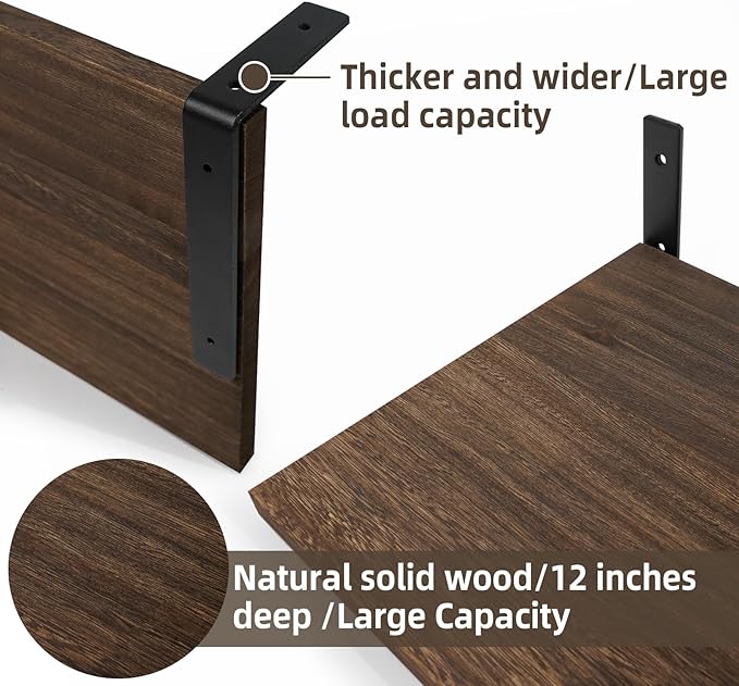 Floating Shelves, 12" Deep, Large Capacity Wood Wall Mounted Rustic Farmhouse Shelves for Home Decor(Living Room Kitchen Bathroom Bedroom),Storage and Display Shelf 2 Set (Dark Brown)