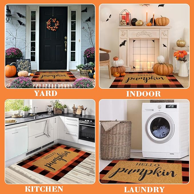 2 Pcs Fall Door Mat Combo Set Imitation Coir Welcome Mat, 43" x 28" Buffalo Plaid Rug Outdoor for Fall Halloween Thanksgiving Rustic Farmhouse Indoor Autumn Mats Hello Pumpkin (Orange and Black Plaid)