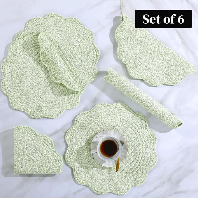 HOMBYS Quilted Placemats Set of 6 Washable Round Placemats for Kitchen Table-100% Cotton Fabric 13 Inch Round Table Mats, Cotton Fabric with Microfiber Filling, (13"x13", White & Green Flower)