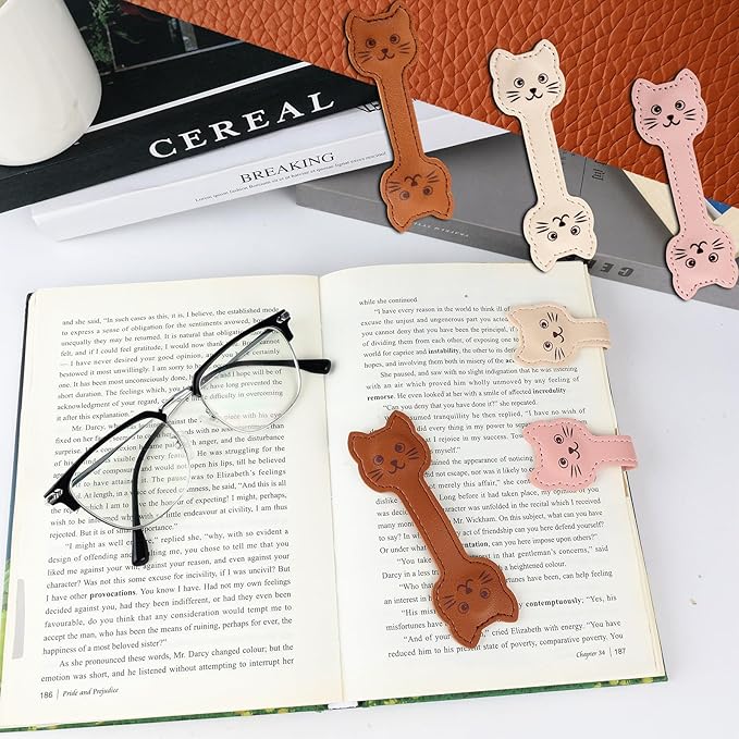 Zkptops Magnetic Leather Bookmarks Cute Cat Book Markers for Reading Women Men Strong Magnet Bookmark Clips Page Mark Unique Books Accessories Gifts for Book Lovers Teachers Students Reader (Brown)