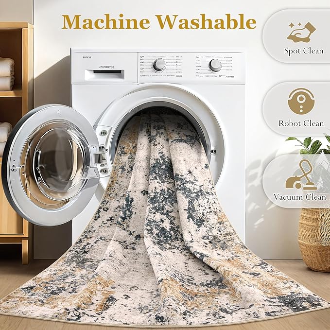 Area Rugs for Living Room: 10x12 Abstract Washable Rug Large Soft Stain Resistant Non-Slip Backing for Bedroom Dining Room Indoor Home Office Carpet for Kids Pet Friendly Families - Grey Gold