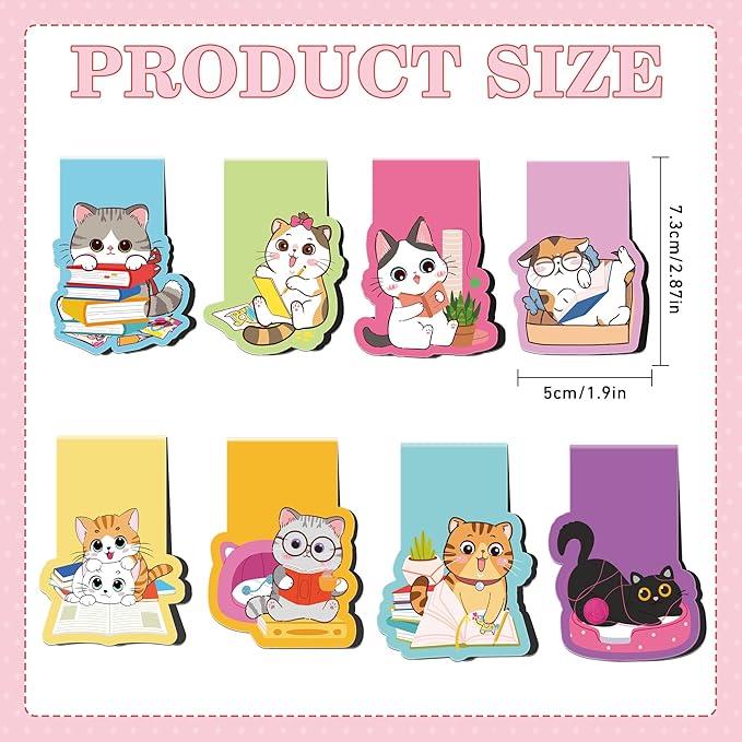 Cat Magnetic Bookmarks: 8 Pcs Cute Cartoon Cat Magnet Book Page Markers, Animal Bookmark Clips for Reading, Gifts for Kids Students Teachers Book Lovers Office School Supplies