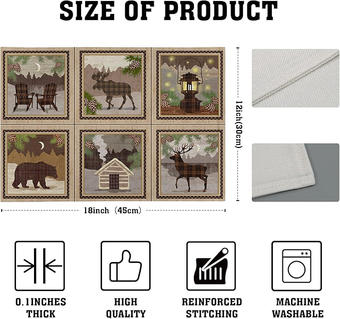 Giwawa Vintage Bear Deer Placemats Rustic Wildlife Moose Forest Animal Cabin Lodge Lake Pine Cone Heat-Resistant Linen Table Place Mats Set of 4 for Dining Kitchen Country Camp Style Farmhouse Decor
