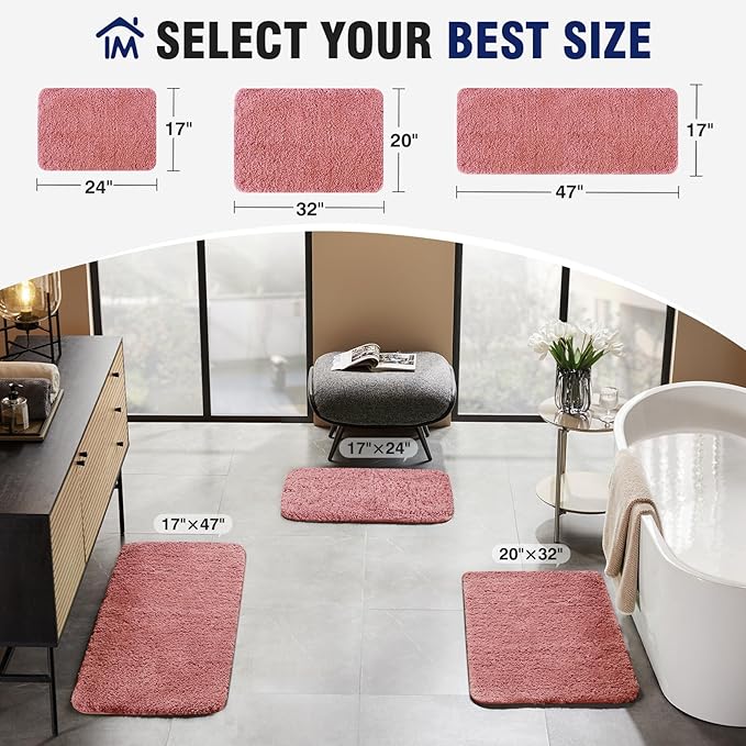 TECHMILLY Super Soft Shaggy Bathroom Runner Rugs, Absorbent Thick Non Slip Microfiber Bath Rugs, Quick Dry Machine Washable Bath Mat for Hallway Bathroom Floor, Bathtub and Shower 17"x47" Pink