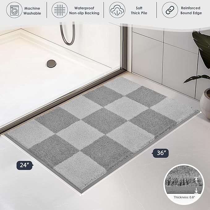 PURRUGS Bathroom Rug Non-Slip Machine Washable 24" x 36", Super Absorbent and Quick-Dry Bath Mat, Extra Soft and Plush Bath Rug for Shower, Bathtub and Sink, Light Grey & Grey