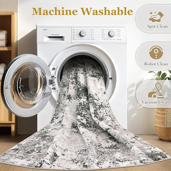 Area Rugs for Living Room: 7x9 Abstract Washable Rug Large Soft Stain Resistant Non-Slip Backing for Bedroom Dining Room Indoor Home Office Carpet for Kids Pet Friendly Families - Dark Grey