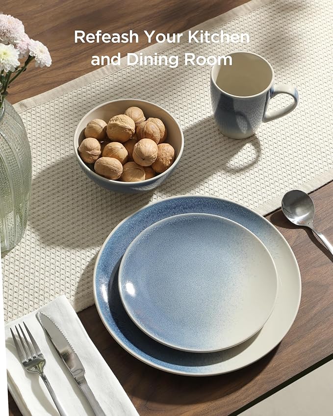 Famiware Glacier Dinnerware Sets, Plates and Bowls Dish Sets for 6 (18 Pieces), Stoneware Tableware - Dishwasher and Microwave Safe, Handcrafted Reactive Glaze, Azure Blue