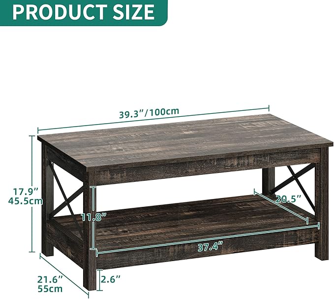 YITAHOME Coffee Tables for Living Room, Modern Farmhouse Coffee Table with Storage, 2-Tier Center Table for Living Room Wood Table Accent Cocktail with Sturdy Frame, Dark Rustic Oak