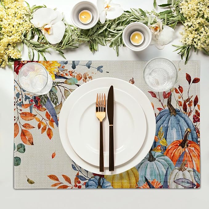 Giwawa Fall Thanksgiving Placemats Set of 4 Watercolor Autumn Pumpkins Floral Linen Table Mats 12x18 Inch Washable Heat Resistance for Kitchen Dining Farmhouse Holiday Decor