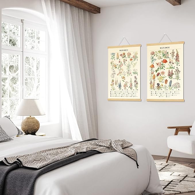 Chenkaiyang 2 Pcs Vintage Poster Hanging,Flowers Wall Hanging Botanical Rustic Retro Colorful Wall Art Prints Flower Chart Posterfor Living Room Bedroom Office Play Room Decor,12.7 X 21.6 Inch
