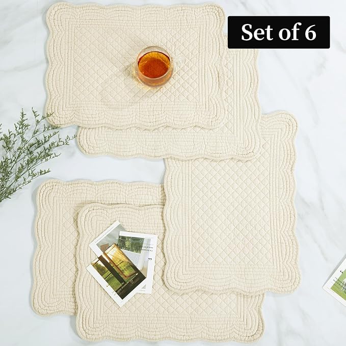 HOMBYS Quilted Placemats Set of 6 Washable-13x18 inches Rectangular Placemats for Kitchen Table-100% Cotton Fabric Rectangular Table Mats, (Flax)