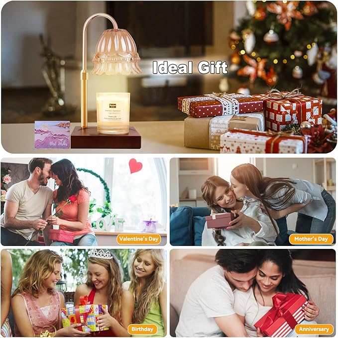 Candle Warmer Lamp with 3 Bulbs, Adjustable Height Dimmable Candle Warmer with Timer, Compatible with Large Jar Candles, Flower Candle Warmer with Charming Gift Box Ribbon(Light Brown)