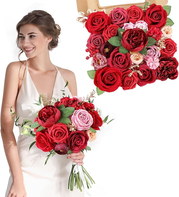 AmyHomie Red Artificial Flowers Combo Silk Mix Peony Rose Fake Flowers w/Stem for Valentine's Day DIY Wedding Bouquets Centerpieces Table Fall Decor Party Bridal Baby Shower Home Decorations