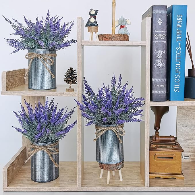 Set of 3 Small Potted Plants Arrangement Artificial Lavender Flower Plants in Rustic Galvanized Metal Pots with Decorative Wood Tray for Farmhouse Table Centerpiece Windowsill Country Indoor Decor