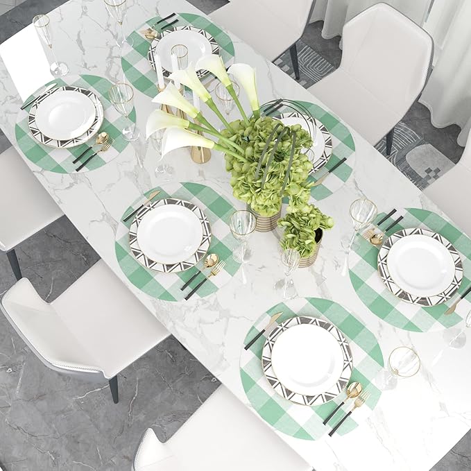 Green & White Cotton Buffalo Check Plaid Round Placemat 15 Inch Set of 4 Gingham eco-Friendly Fabric Handcrafted Machine Washable Indoor & Outdoor Tablemat