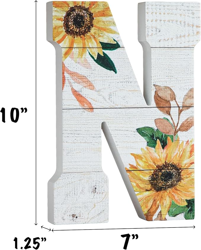 COLLECTIVE HOME - 10" Wood Lettes for Wall Decor, Sunflower Tabletop Alphabet Decoration, DIY Farmhouse Decor, Rustic Freestanding Monogram Block (N)
