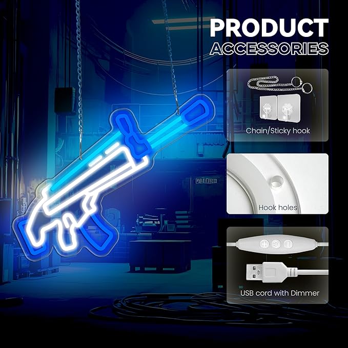 Gun Neon Sign, Game Neon Signs for Wall Decor, Dimmable Acrylic Neon Lights for Gamer Room Man Cave Bedroom Bar Pub Playroom Commercial Streets Party Decorations