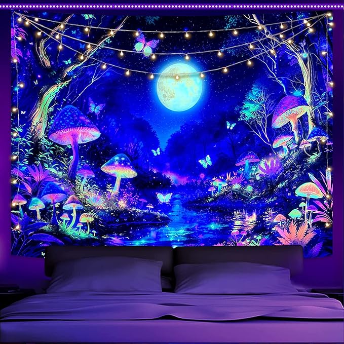 Kanuyee Blacklight Tapestry Butterfly Moon Wall Tapestry Magical Forest Tapestries for Bedroom Magical Tapestries Aesthetic Bedroom Room Decor Moon 44×60 Inches