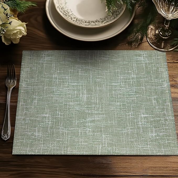 JINCHAN Burlap Textured Placemats Set of Four Farmhouse Cloth Place Mats Table Mats Sturdy Fabric Placemats for Kitchen Dining Table Double Layer Heat Resistant Tablemats 13 x 19 Inch Green