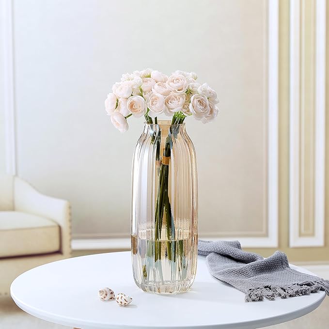 Large Amber Glass Vase for Flowers Brown Tall Glass Vases,H-12.6" Simple Striped Design for Home Floor Decor,Farmhouse Decor, Centerpiece Coffee Table Decorations