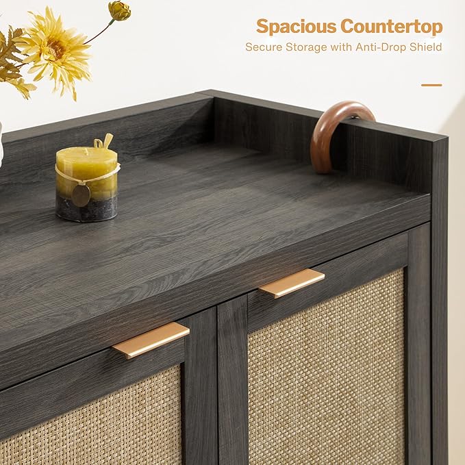 SICOTAS Shoe Storage Cabinet Set of 3, Large Capacity Rattan Shoe Cabinet Storage for Entryway, 6-Tier 41" Tall Shoe Cabinet, Farmhouse Wooden Storage Cabinet for Living Room Hallway, Black Oak