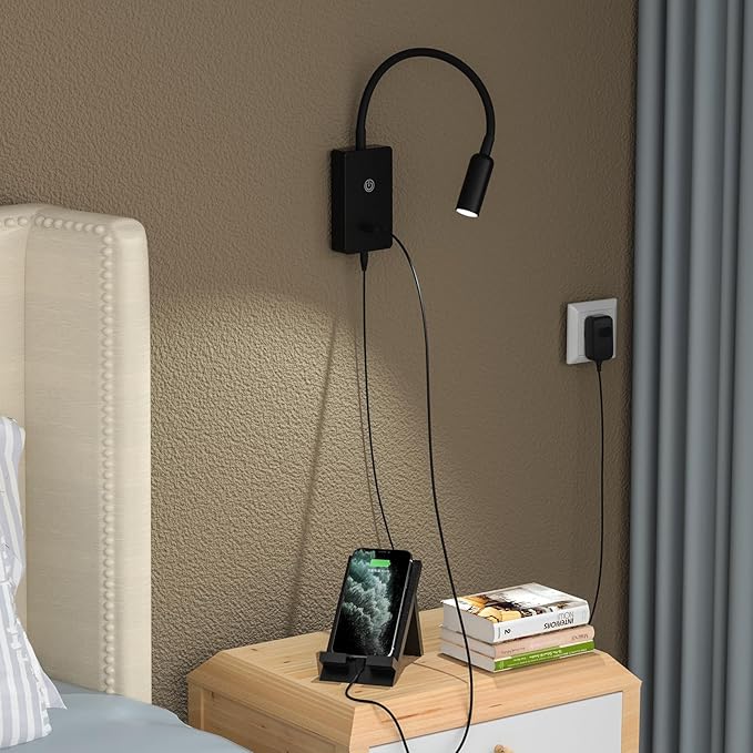 Touch Dimmable LED Wall Mount Bedside Spot Lamp, Black Flexible LED Wall Sconce Reading Light for Bedroom, 4 Brightness Levels (100%- 70%- 35%- 15%), Neutral White Lighting, 5V2A USB Output