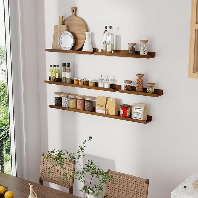 Picture Ledge Shelf, Solid Pine Wood Rustic Floating Shelves for Wall, 24 Inch Floating Shelves with Lip for Bedroom Kitchen Living Room Nursery Display Wall Decor, Set of 2 (Walnut)