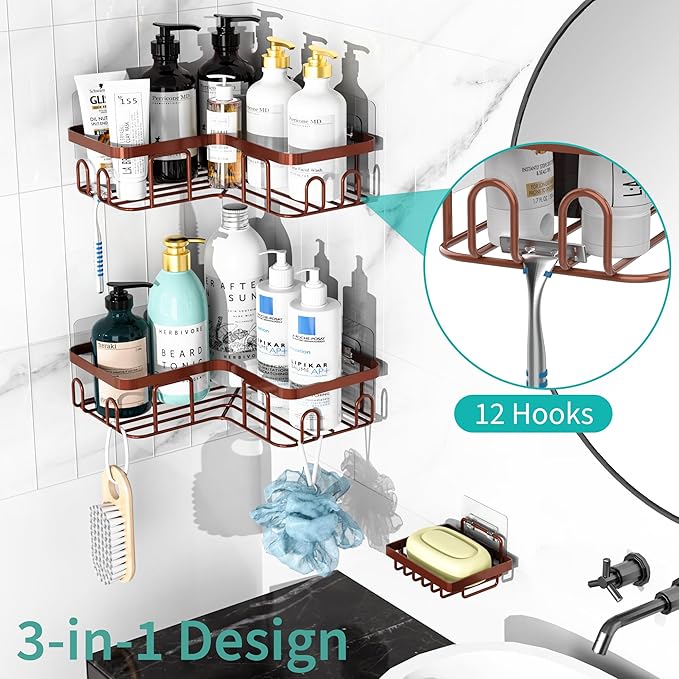 Moforoco Adhesive Corner Shower Caddy, 3 Pack Organizer with Soap Holder and 12 Hooks, Rustproof Shower Shelves for Bathroom, Brown