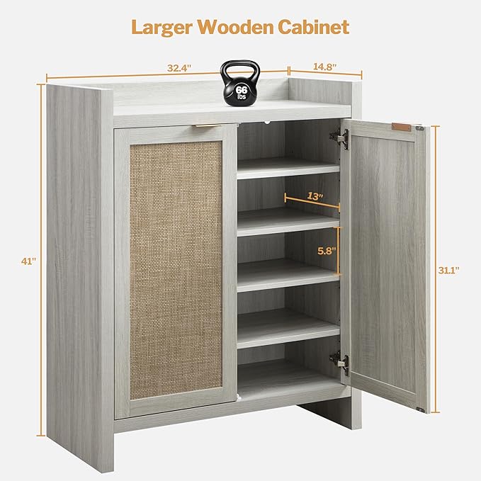 SICOTAS Shoe Cabinet, 24 Pair Shoe Storage Organizer Cabinet, 41" Tall Rattan Shoe Cabinet with Doors and Shelves, 6-Tier Farmhouse Boho Wooden Storage Cabinet for Entryway Hallway, Whitish-Gray Oak