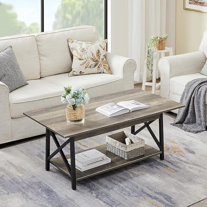 GreenForest Coffee Table with Storage, 39inch Modern 2-Tier Coffee Tables for Living Room, X-Frame Design Farmhouse Coffee Table Space Saving Living Room Small Tables, Easy Assembly, Grey Wash