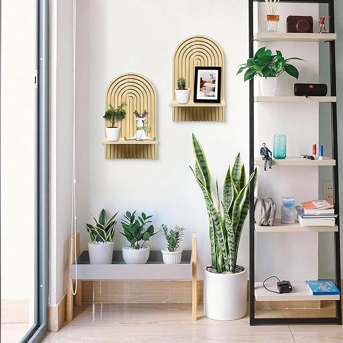 LIYAOLI Boho Arched Wall Shelf Set of 2-15 x 8.6 Inch Wooden Hanging Shelves for Living Room & Bedroom - Mid-Century Modern Bohemian Wall Decor (Natural Wood Finish)