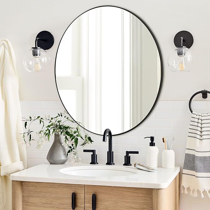 CULER Round Black Bathroom 30 Inch Mirror,Circle Wall Modern Mirror for Bedroom,Hanging Vanity Tempered Glass Mirrors for Entryway or Living Room (30 inch, Black)