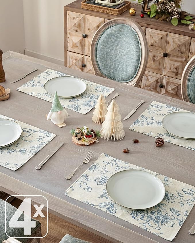 JINCHAN Floral Placemats Set of 4 Farmhouse Linen Placemats Cloth Table Mats Holiday Seasonal Rustic for Kitchen Dining Table Decor Heat Resistant Washable Tablemats 13x19 Inch Blue