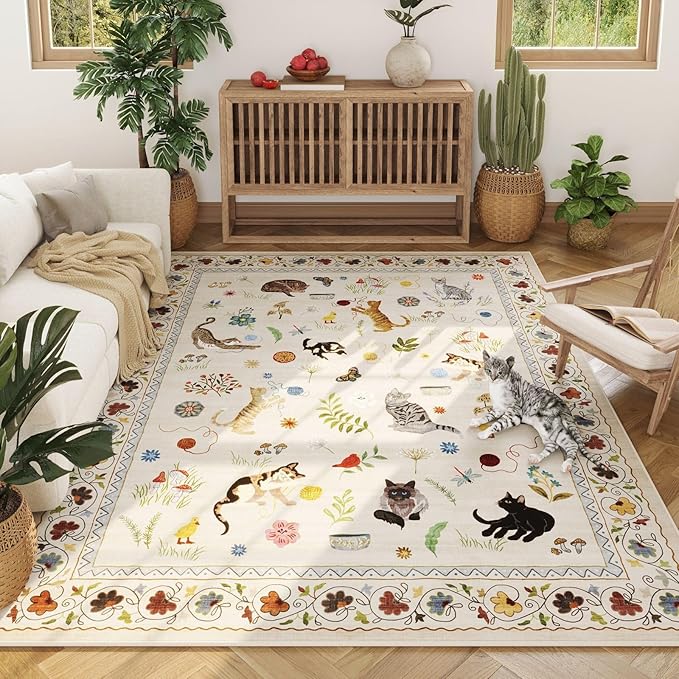 Living Room Rug 5x7 Rug Machine Washable Boho Area Rug Non Slip Floral Animal Cat Vintage Low Pile Large Rugs for Living Room Bedroom Farmhouse Dining Room Kids Playroom, Beige