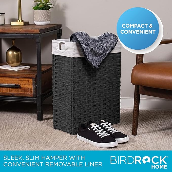 BIRDROCK HOME 22" Laundry Hamper with Removable Liner Bag - Handwoven PE Rattan Clothes Basket - Compact & Collapsible Laundry Storage for Bedroom & Bathroom - Perfect for Small Spaces - Slim, Brown