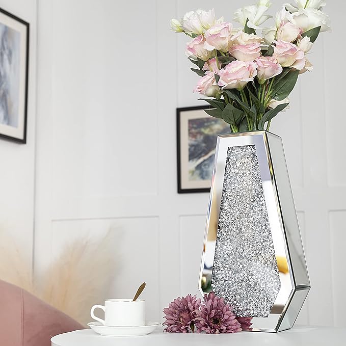 Crushed Diamond Mirrored Flower Vase Large Glass Vase Modern Crystal Decorative Mirror Vases Stunning Luxury Tall Floor Vase for Centerpieces Flowers Home Decor, Silver, 14" H. Can’t Hold Water.