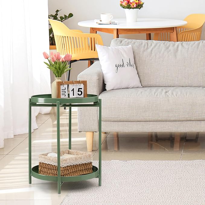 TeoKJ 2 Tier Green Side Table, Folding Round Metal End Table Small Nightstand with Two Removable Tray for Bedroom Living Room Bedside Small Spaces Dark Green