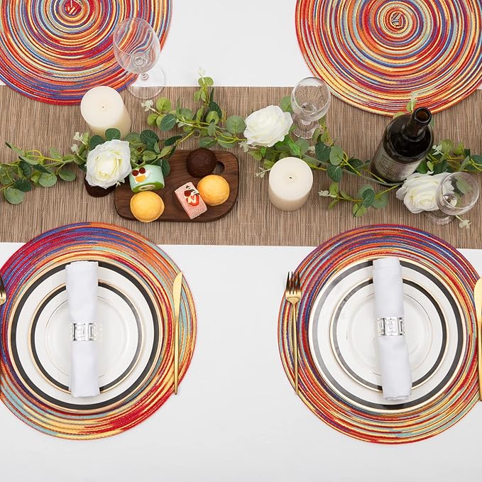 SHACOS Round Braided Placemats Set of 4 Variegated Colorful Placemats for Dining Tables Holiday Party Decor (Rainbow Red, 4)