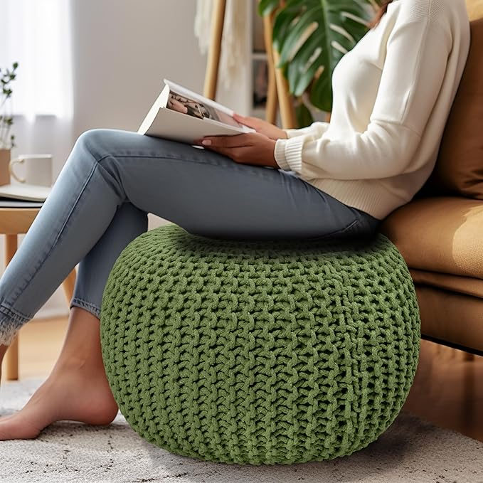 COTTON CRAFT Round Dori Pouf - Cotton Braid Cord Cable Knitted Ottoman - Foot Stool - Footrest - Floor Pouf - Accent Furniture - Woven Ottoman - Bean Bag - Living Room Dorm - 20 Dia x 14 High - Sage