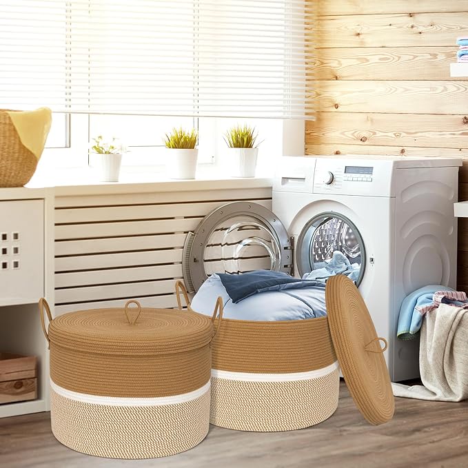 Laundry Basket with Lid, Woven Cotton Rope Laundry Hamper Foldable Storage Organizer Bin Blanket Basket for Comforter, Cushions, Clothes, Pillows, 20.5x20.5x15 Inch, Camel/White
