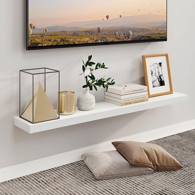Fun Memories Floating Shelves for Wall, 48Inch Long Floating Shelves Set of 1, Hanging Shelf with Invisible Brackets, Wood Shelves for Living Room, Bedroom, Kitchen, White