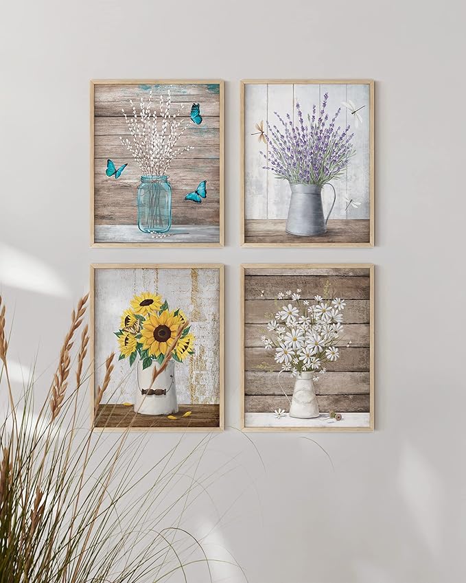 HAUS AND HUES Flower Wall Decor - Set of 4 Floral Wall Art, Floral Wall Decor, Flower Wall Art, Framed Flower Painting, Floral Pictures Wall Decor, Flower Pictures Wall Decor (Framed Beige 8x10)