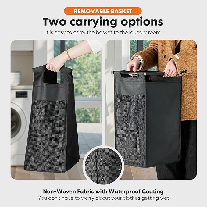 Sweetcrispy Laundry Hamper with 3 Pull-Out Removable Sorter Bags 3 × 9.7 Gal (110L) Capacity, Movable Wheels, Freestanding Clothes Basket Organizer in Bathroom, Rustic Brown and Black