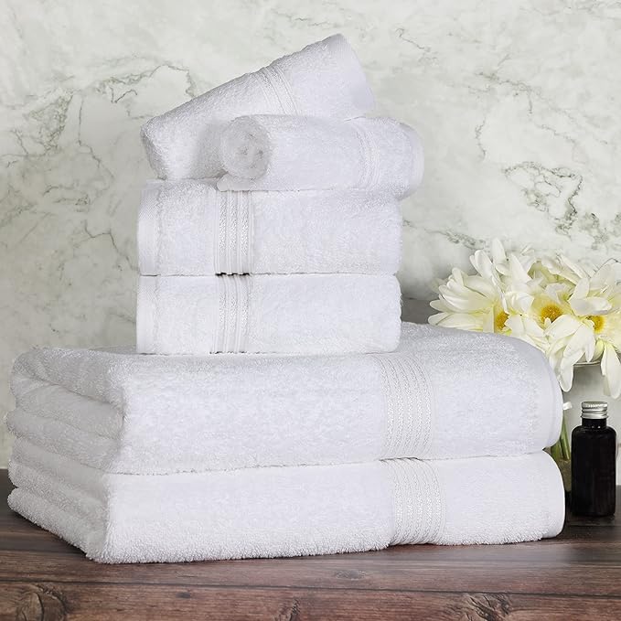 Superior Egyptian Cotton 6-Piece Towel Set, Bathroom Essentials, Towels For Bathroom, Apartment, Airbnb, Guest Bath, Face, Hand, Bath Towels, Washcloths, Absorbent, Fast Drying, White
