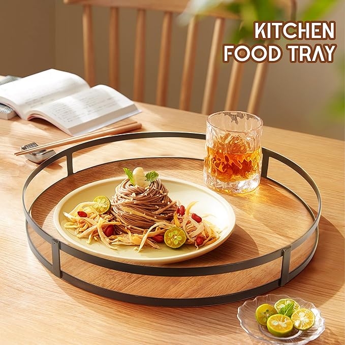 Defined Deco 12in Decorative Tray-Round Serving Tray with Metal Handle-Decorative Trays for Home Decor,Living Room Decor,Coffee Table Decor,Rustic Wooden Tray for Kitchen Table Decor,Dining Table.
