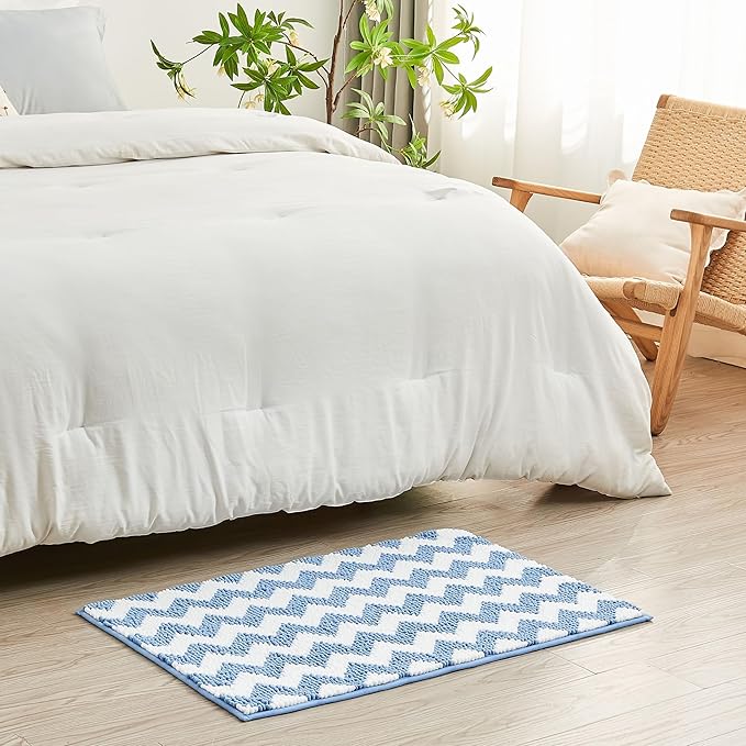 CozeCube Chenille Bathroom Rugs 36" x 24", Soft Microfiber Chevron Bath Mats for Bathroom, Non Slip Shaggy Bath Rugs Machine-Washable, Plush Absorbent Shower Mat, Blue