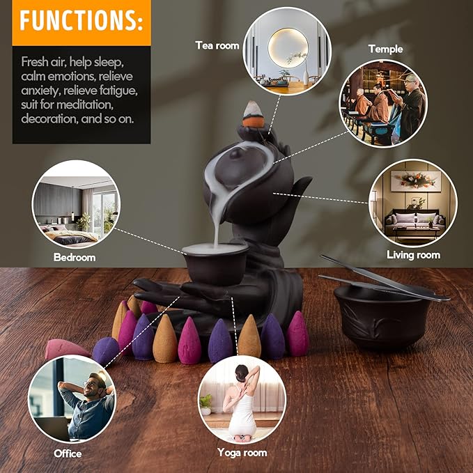 Waterfall Incense Burner Buddha Hand Backflow Incense Waterfall Burner Smoke Incense Holder Waterfall with 100 Incense Cones 10 Kind of Scents